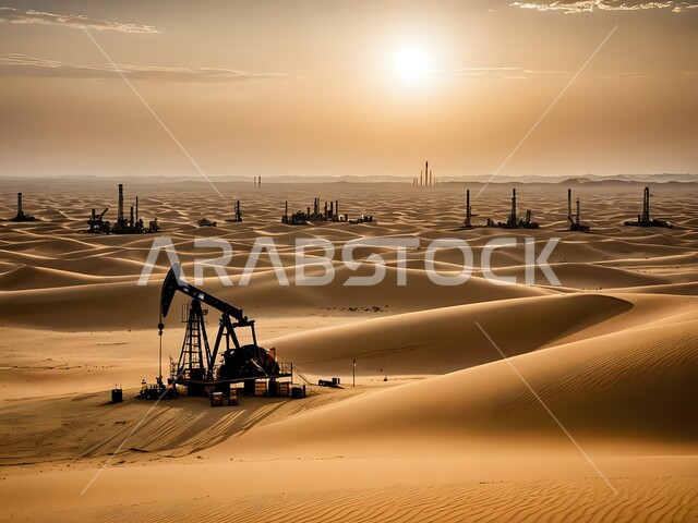 صورة لحفارة تقوم بالتنقيب عن النفط في الصحراء, استنباط النفط والزيوت، جودة أدوات ومعدات استخراج البترول، بيع وتصدير الثروات الباطنية