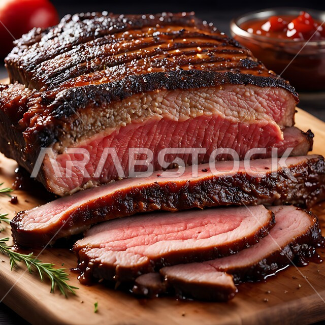 قطعة من اللحم البقري  الطازج المقطعة مع التوابل والأعشاب والفلفل الحار، لحوم الضأن الحمراء المتبلة، المواد الغذائية والمنتجات الصحية