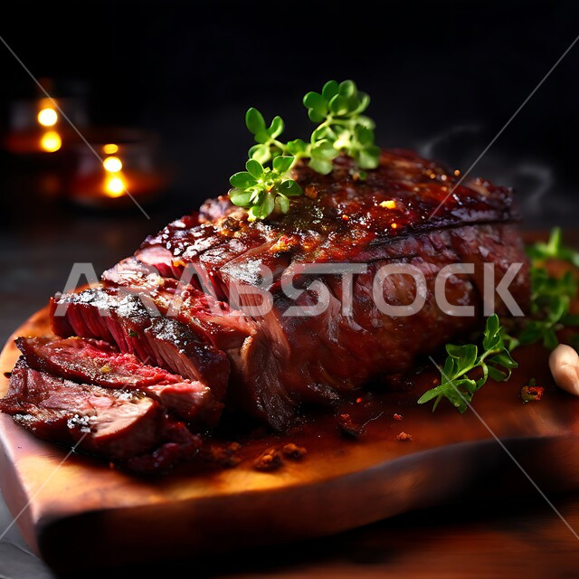 قطعة من اللحم البقري  الطازج المقطعة مع التوابل والأعشاب والفلفل الحار، لحوم الضأن الحمراء المتبلة، المواد الغذائية والمنتجات الصحية