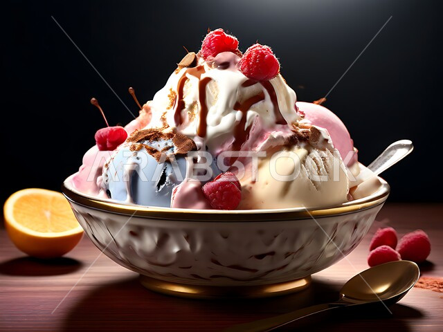 حلويات صيفية باردة، طبق من ايس كريم الفانيليا مع حبات الكرز، مثلجات بنكهات منعشة، الأساليب الفنية في تقديم الطعام، مأكولات ذات سعرات حراية عالية