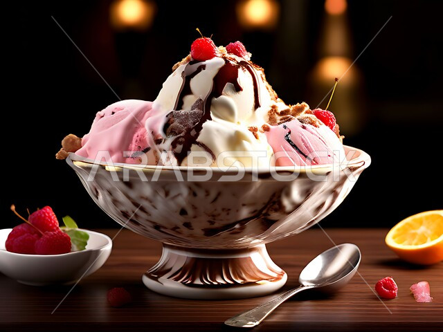 حلويات صيفية باردة، طبق من ايس كريم الفانيليا مع حبات الكرز، مثلجات بنكهات منعشة، الأساليب الفنية في تقديم الطعام، مأكولات ذات سعرات حراية عالية