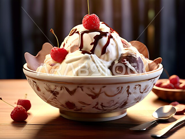 حلويات صيفية باردة، طبق من ايس كريم الفانيليا مع حبات الكرز، مثلجات بنكهات منعشة، الأساليب الفنية في تقديم الطعام، مأكولات ذات سعرات حراية عالية