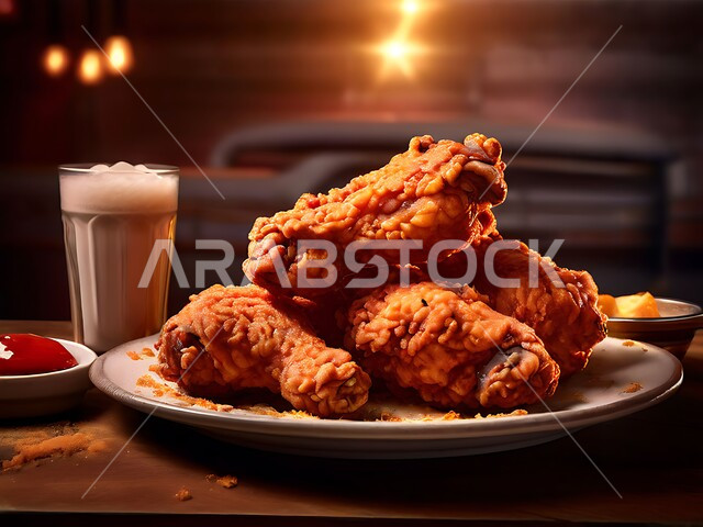 Delicious fried chicken, unhealthy meals, crispy fried chicken pieces on a wooden board, fast food restaurants in Saudi Arabia