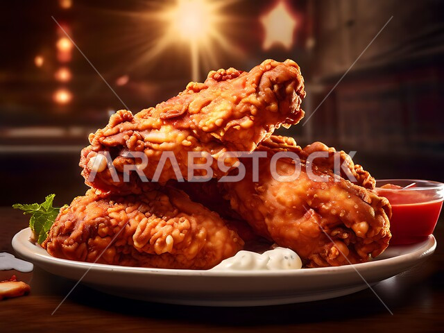Delicious fried chicken, unhealthy meals, crispy fried chicken pieces on a wooden board, fast food restaurants in Saudi Arabia