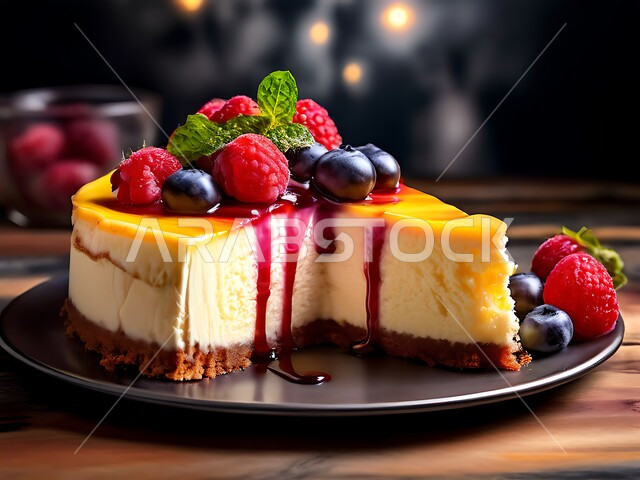 تحلية باردة ولذيذة, تشيز كيك مع طبقات الكريمه و الجبن، قطعه شهية من التشيز كيك مزينة بالتوت البري و الفراولة ، حلويات وسكريات شهية ، قطع الحلوى الشرقية