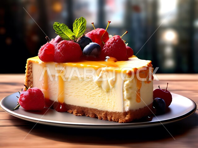 تحلية باردة ولذيذة, تشيز كيك مع طبقات الكريمه و الجبن، قطعه شهية من التشيز كيك مزينة بالتوت البري و الفراولة ، حلويات وسكريات شهية ، قطع الحلوى الشرقية