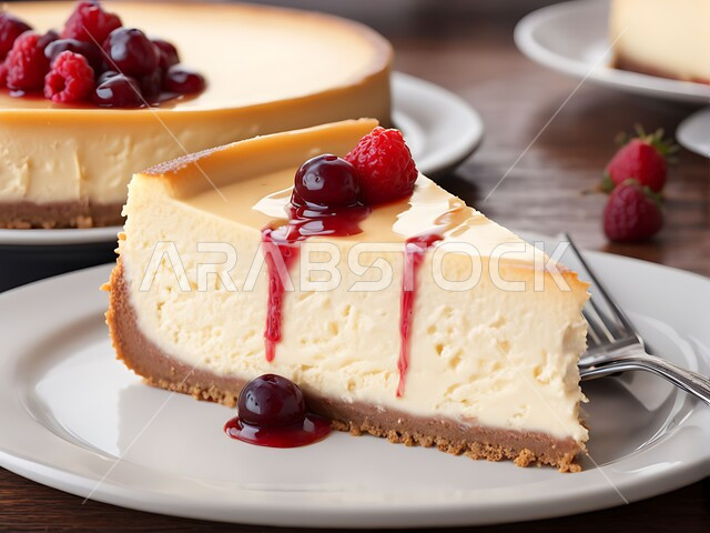 تحلية باردة ولذيذة, تشيز كيك مع طبقات الكريمه و الجبن، قطعه شهية من التشيز كيك مزينة بالتوت البري و الفراولة ، حلويات وسكريات شهية ، قطع الحلوى الشرقية