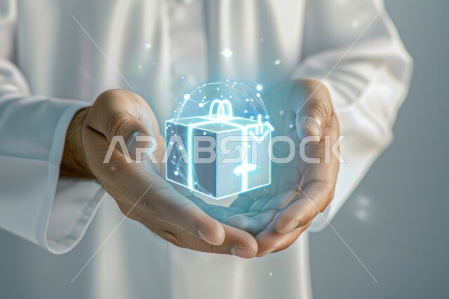 صورة مقربة ليد رجل يحمل هدية بتقنية الهولوجرام رسومات شبكية ثلاثية الابعاد، التطور الرقمي وتكنولوجيا المستقبل، مفهوم التحول الرقمي