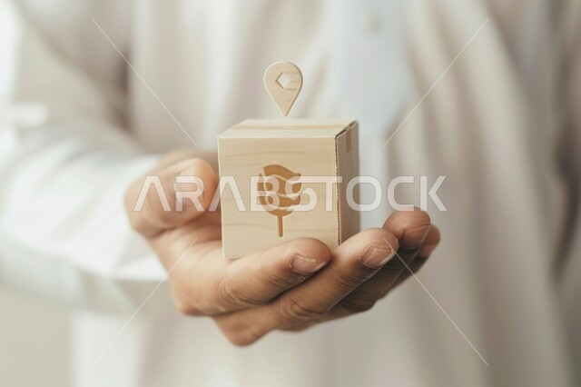  خدمات التوصيل السريع والامن، صورة مقربة ليد رجل عربي سعودي خليجي يحمل صندوق خشبي مضاف عليه شعار الموقع