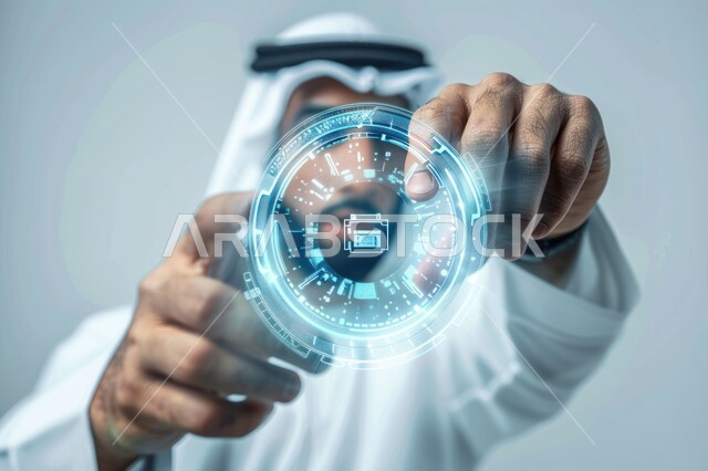 التطور والتحول التقني والتكنولوجي الحديث,رجل عربي سعودي خليجي يتفاعل مع التكنولوجيا المستقبلية،  رؤية  السعودية 2030، استخدام خاصية الهولوجرام ثلاثية الأبعاد 