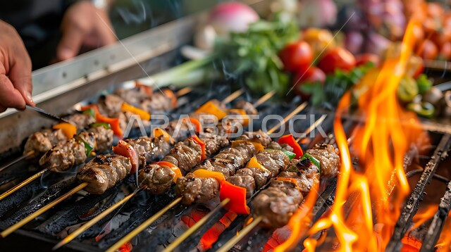  تصاعد النيران من منقل الشواء، وجبات غذائية غنية بالبروتين، مطاعم ومطابخ المملكة العربية السعودية، صورة مقربة ليد رجل عربي سعودي خليجي يمسك اسياخ من قطع من الدجاج والخضراوات الشهية المشوية على الفحم، أصناف الأطعمة الشرقية