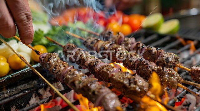 مأكولات وأصناف عربية شرقية، أطباق الباربكيو الشهية، مطاعم المشاوي في المملكة العربية السعودية، الاستمتاع في حفلة الشواء، صورة مقربة ليد رجل عربي سعودي خليجي يمسك أسياخ اللحمة المشوية على الفحم مع الخضراوات الطازجة، تصاعد النيران من منقل الشواء