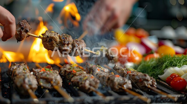  تصاعد النيران من منقل الشواء، وجبات غذائية غنية بالبروتين، مطاعم ومطابخ المملكة العربية السعودية، صورة مقربة ليد رجل عربي سعودي خليجي يمسك اسياخ من قطع من الدجاج والخضراوات الشهية المشوية على الفحم، أصناف الأطعمة الشرقية