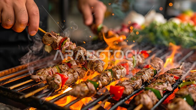 مطاعم ومطابخ المملكة العربية السعودية، تصاعد النيران من منقل الشواء، صورة مقربة ليد رجل عربي سعودي خليجي يمسك اسياخ من قطع من الدجاج والخضراوات الشهية المشوية على الفحم، أصناف الأطعمة الشرقية، وجبات غذائية غنية بالبروتين