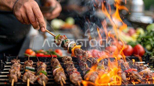 مأكولات وأصناف عربية شرقية، صورة مقربة ليد رجل عربي سعودي خليجي يمسك أسياخ الدجاج المشوية مع الخضراوات الطازجة على المنقل، أطباق الباربكيو الشهية، وجبات الطعام اللذيذة الصحية، مطاعم المشاوي في المملكة العربية السعودية، الاستمتاع في حفلة الشواء
