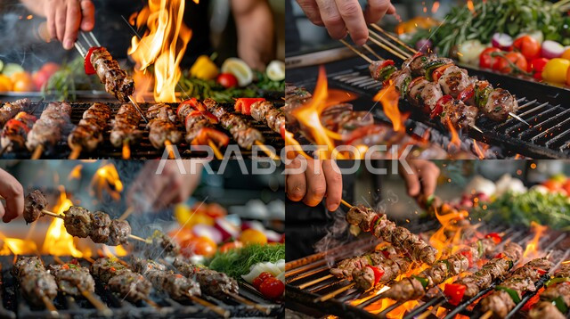 Fire rising from the barbecue grill, Protein-rich meals, Saudi Arabia restaurants and kitchens, Close-up of the hand of a Saudi Arabian Gulf man holding skewers of delicious chicken and vegetables grilled on charcoal, Oriental food items