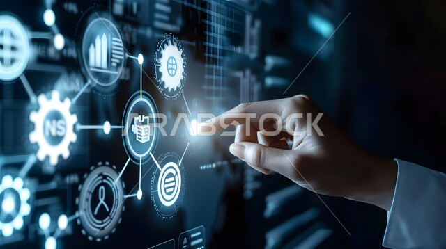 تحسين كفاءة العمل وخفض تكلفة الشركة، استخدام التقنيات الالكترونية الحديثه، صورة مقربة ليد شخص يقوم بلمس أيقونات التكلفة والجودة الافتراضية، شاشات الكترونية مضيئة، عناصر ورموز هولوجرامية ثلاثية الابعاد، النمو والتقدم التكنولوجي، مفهوم تنمية الاعمال والاقتصاد