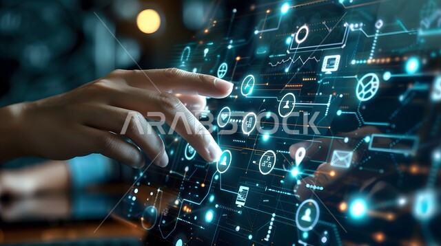 عناصر ورموز هولوجرامية ثلاثية الابعاد، تحسين كفاءة العمل وخفض تكلفة الشركة، استخدام التقنيات الالكترونية الحديثه، صورة مقربة ليد شخص يقوم بلمس أيقونات التكلفة والجودة الافتراضية، النمو والتقدم التكنولوجي، مفهوم تنمية الاعمال والاقتصاد، شاشات الكترونية مضيئة