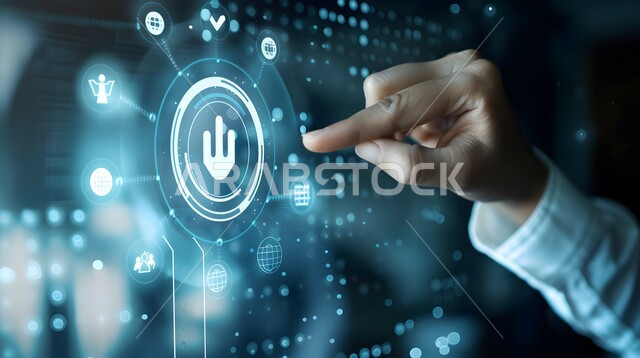 Using modern electronic technologies, improving work efficiency and reducing company costs, a close-up of a person's hand touching virtual cost and quality icons, illuminated electronic screens, 3D holographic elements and symbols, the concept of business and economic development, technological growth and progress