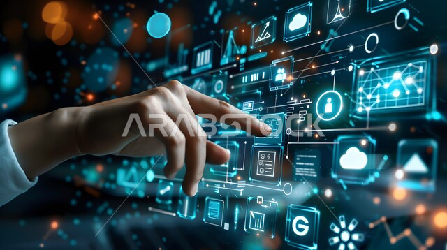 عناصر ورموز هولوجرامية ثلاثية الابعاد، تحسين كفاءة العمل وخفض تكلفة الشركة، استخدام التقنيات الالكترونية الحديثه، صورة مقربة ليد شخص يقوم بلمس أيقونات التكلفة والجودة الافتراضية، النمو والتقدم التكنولوجي، مفهوم تنمية الاعمال والاقتصاد، شاشات الكترونية مضيئة