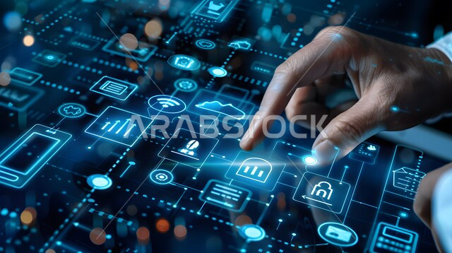 استخدام التقنيات الالكترونية الحديثه، تحسين كفاءة العمل وخفض تكلفة الشركة، صورة مقربة ليد شخص يقوم بلمس أيقونات التكلفة والجودة الافتراضية، شاشات الكترونية مضيئة، عناصر ورموز هولوجرامية ثلاثية الابعاد، مفهوم تنمية الاعمال والاقتصاد، النمو والتقدم التكنولوجي