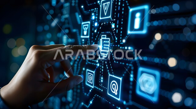 Business and economic development concept, Improving work efficiency and reducing company costs, Close-up of a person's hand touching virtual cost and quality icons, Illuminated electronic screens, 3D holographic elements and symbols, Technological growth and progress, Use of modern electronic technologies