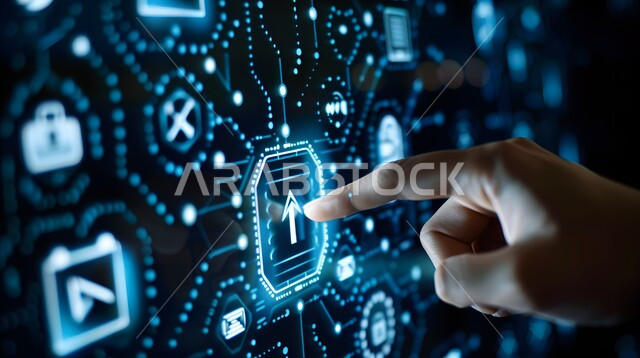 النمو والتقدم التكنولوجي، تحسين كفاءة العمل وخفض تكلفة الشركة، استخدام التقنيات الالكترونية الحديثه، صورة مقربة ليد شخص يقوم بلمس أيقونات التكلفة والجودة الافتراضية، شاشات الكترونية مضيئة، مفهوم تنمية الاعمال والاقتصاد، عناصر ورموز هولوجرامية ثلاثية الابعاد