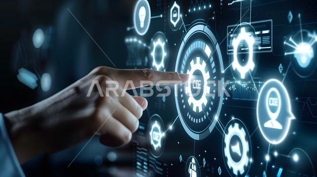عناصر ورموز هولوجرامية ثلاثية الابعاد، تحسين كفاءة العمل وخفض تكلفة الشركة، استخدام التقنيات الالكترونية الحديثه، صورة مقربة ليد شخص يقوم بلمس أيقونات التكلفة والجودة الافتراضية، النمو والتقدم التكنولوجي، مفهوم تنمية الاعمال والاقتصاد، شاشات الكترونية مضيئة