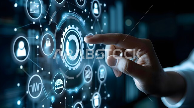 شاشات الكترونية مضيئة، تحسين كفاءة العمل وخفض تكلفة الشركة، استخدام التقنيات الالكترونية الحديثه، عناصر ورموز هولوجرامية ثلاثية الابعاد، النمو والتقدم التكنولوجي، مفهوم تنمية الاعمال والاقتصاد، صورة مقربة ليد شخص يقوم بلمس أيقونات التكلفة والجودة الافتراضية