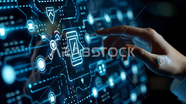 تحسين كفاءة العمل وخفض تكلفة الشركة، استخدام التقنيات الالكترونية الحديثه، صورة مقربة ليد شخص يقوم بلمس أيقونات التكلفة والجودة الافتراضية، شاشات الكترونية مضيئة، عناصر ورموز هولوجرامية ثلاثية الابعاد، النمو والتقدم التكنولوجي، مفهوم تنمية الاعمال والاقتصاد