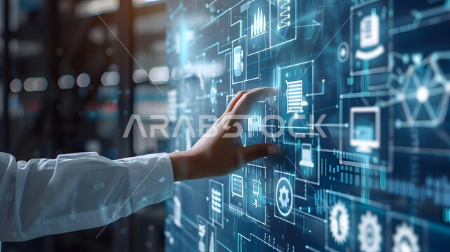 استخدام التقنيات الالكترونية الحديثه، تحسين كفاءة العمل وخفض تكلفة الشركة، صورة مقربة ليد شخص يقوم بلمس أيقونات التكلفة والجودة الافتراضية، شاشات الكترونية مضيئة، عناصر ورموز هولوجرامية ثلاثية الابعاد، مفهوم تنمية الاعمال والاقتصاد، النمو والتقدم التكنولوجي