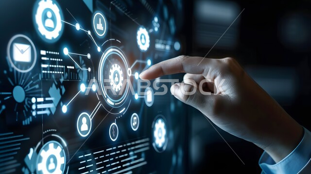 النمو والتقدم التكنولوجي، تحسين كفاءة العمل وخفض تكلفة الشركة، استخدام التقنيات الالكترونية الحديثه، صورة مقربة ليد شخص يقوم بلمس أيقونات التكلفة والجودة الافتراضية، شاشات الكترونية مضيئة، مفهوم تنمية الاعمال والاقتصاد، عناصر ورموز هولوجرامية ثلاثية الابعاد