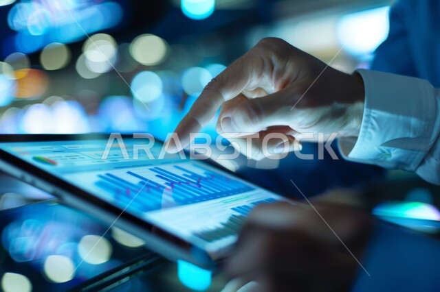 تطوير الأعمال والنمو في الخدمات المصرفية والمالية، مراقبة الاقتصاد ومعلومات الاستثمار المالي، صورة مقربة ليد رجل عربي خليجي سعودي يشير إلى صعود وهبوط الأسهم على شاشة التابليت، رسوم بيانية احصائية للبورصة العالمية, انجاز الاعمال باستخدام التكنولوجيا الحديثة