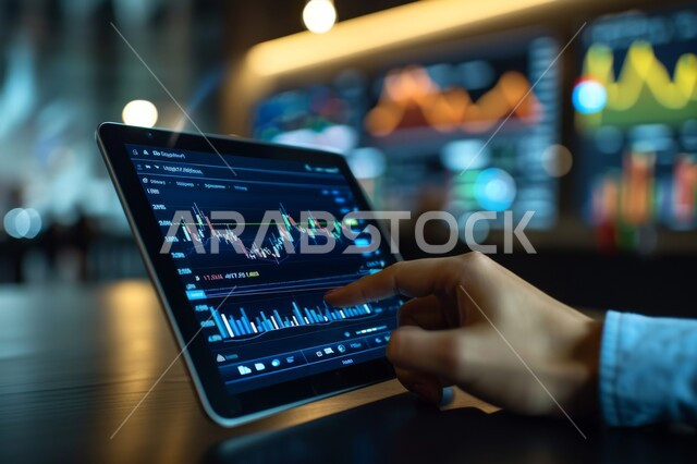 انجاز الاعمال باستخدام التكنولوجيا الحديثة، تطورات سوق الاوراق المالية، صورة مقربة ليد رجل عربي خليجي سعودي يشير إلى صعود وهبوط الأسهم على شاشة التابليت، مراقبة الاقتصاد ومعلومات الاستثمار المالي, رسوم بيانية احصائية للبورصة العالمية
