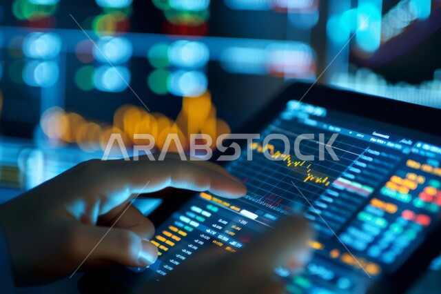 رسوم بيانية احصائية للبورصة العالمية، تطورات سوق الاوراق المالية، صورة مقربة ليد رجل عربي خليجي سعودي يشير إلى صعود وهبوط الأسهم على شاشة التابليت، انجاز الاعمال باستخدام التكنولوجيا الحديثة, مراقبة الاقتصاد ومعلومات الاستثمار المالي