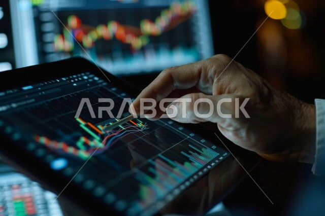 تطورات سوق الاوراق المالية، رسوم بيانية احصائية للبورصة العالمية، صورة مقربة ليد رجل عربي خليجي سعودي يشير إلى صعود وهبوط الأسهم على شاشة التابليت, مراقبة الاقتصاد ومعلومات الاستثمار المالي، انجاز الاعمال باستخدام التكنولوجيا الحديثة