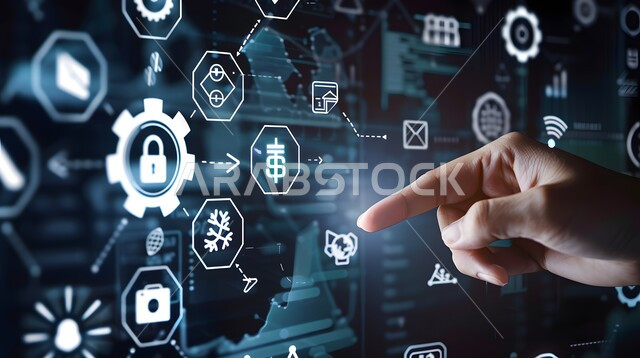 Business and economic development concept, Improving work efficiency and reducing company costs, Close-up of a person's hand touching virtual cost and quality icons, Illuminated electronic screens, 3D holographic elements and symbols, Technological growth and progress, Use of modern electronic technologies