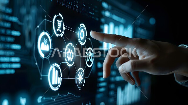 3D holographic elements and symbols, improving work efficiency and reducing company costs, using modern electronic technologies, a close-up of a person's hand touching virtual cost and quality icons, technological growth and progress, the concept of business and economic development, illuminated electronic screens