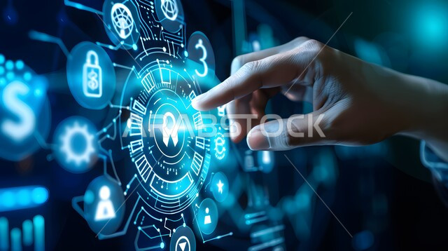 Improving work efficiency and reducing company costs, using modern electronic technologies, a close-up of a person's hand touching virtual cost and quality icons, illuminated electronic screens, 3D holographic elements and symbols, technological growth and progress, the concept of business and economic development