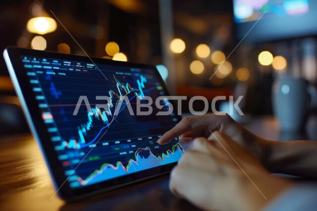 تطورات سوق الاوراق المالية، رسوم بيانية احصائية للبورصة العالمية، صورة مقربة ليد رجل عربي خليجي سعودي يشير إلى صعود وهبوط الأسهم على شاشة التابليت, مراقبة الاقتصاد ومعلومات الاستثمار المالي، انجاز الاعمال باستخدام التكنولوجيا الحديثة