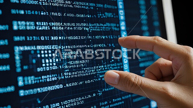 التفاعل اليدوي مع الواجهة الرقمية، انجاز الاعمال باستخدام التقنيات التكنولوجية الحديثة، صورة مقربة ليد رجل عربي خليجي سعودي يشير إلى شاشة اللمس،مفهوم تنمية الاعمال والاقتصاد، تحسين كفاءة العمل وخفض تكلفة الشركة، شاشات الكترونية مضيئة