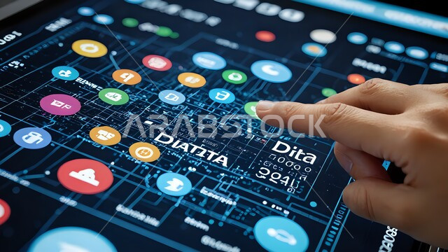 Accomplishing business using modern technological techniques, Close-up of a Saudi Arabian Gulf man's hand pointing to icons on a touch screen, Business and economic development concept, Illuminated electronic screens, Manual interaction with digital interface, Improving work efficiency and reducing company costs