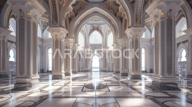 النقوش والزخارف للاعمدة والاقواس على الطراز الاسلامي، مفهوم العبادة والتقرب إلى الله تعالى, الفن الهندسي المعماري لمسجد عربي عريق، التصاميم والديكورات الداخلية الأنيقة للمساجد باللون الأبيض