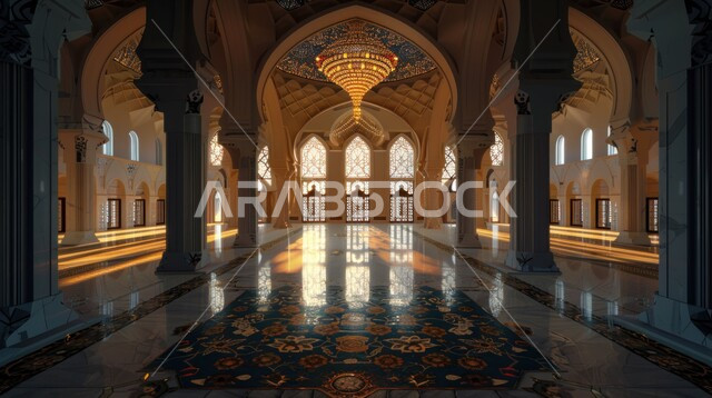 النقوش والزخارف للاعمدة والاقواس على الطراز الاسلامي، مفهوم العبادة والتقرب إلى الله تعالى, الفن الهندسي المعماري لمسجد عربي عريق، التصاميم والديكورات الداخلية الأنيقة للمساجد 