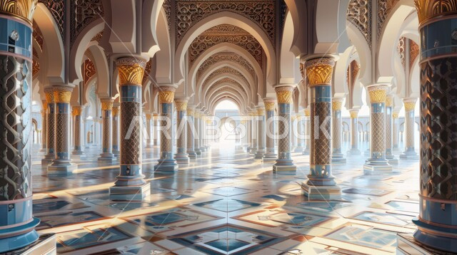 النقوش والزخارف للاعمدة والاقواس على الطراز الاسلامي، مفهوم العبادة والتقرب إلى الله تعالى, الفن الهندسي المعماري لمسجد عربي عريق، التصاميم والديكورات الداخلية الأنيقة للمساجد 