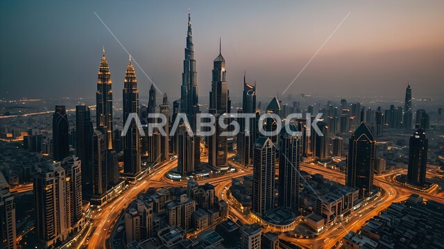 الأبراج والمباني والمنشآت التجارية المضيئة، رؤية مستقبلية سعودية 2030، مفهوم تطوير وتحسين البنية التحتية، منظر تخيلي مستقبلي للتقدم و النمو العمراني ,الفنون و التصاميم الهندسية المعمارية الحديثة لناطحات السحاب في المملكة
