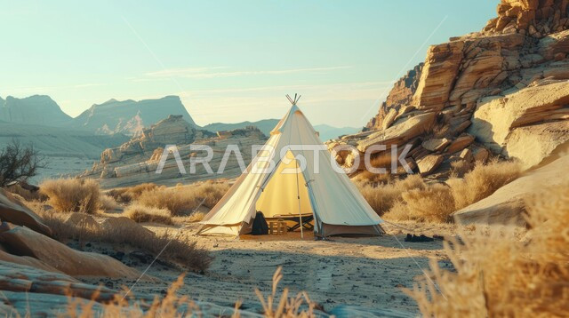 القمم والمرتفغات والتشكلات الصخرية مع الطبيعة، خيمة شعبية في المناطق الصحراوية، مخيمات سياحية في صحاري المملكة العربية السعودية، أجواء التخييم الشبابية الممتعه، المغامرات والكشتات البرية في وقت النهار