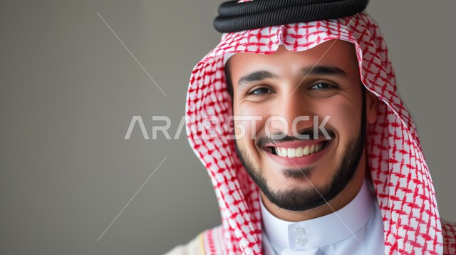 الاهتمام بالأناقة والمظهر الخارجي، بورتريه مقرب لرجل عربي خليجي سعودي مبتسم يرتدي الشماغ والثوب التقليدي ينظر إلى الكاميرا بإيماءات السرور، الشعور بالثقة في النفس، صورة شخصية للوثائق الرسمية، خلفية رمادية