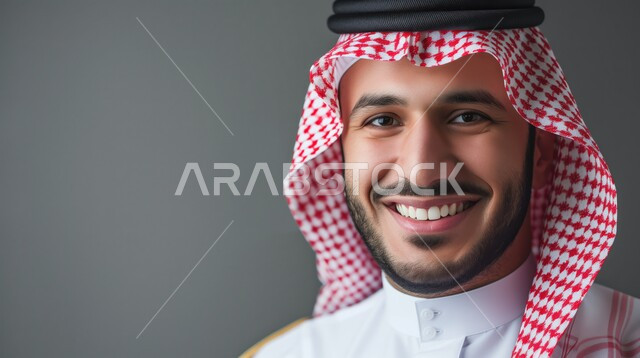 الاهتمام بالأناقة والمظهر الخارجي، بورتريه مقرب لرجل عربي خليجي سعودي مبتسم يرتدي الشماغ والثوب التقليدي ينظر إلى الكاميرا بإيماءات السرور، الشعور بالثقة في النفس، صورة شخصية للوثائق الرسمية، خلفية رمادية