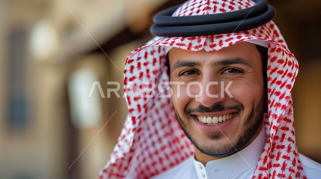 الاهتمام بالأناقة والمظهر الخارجي، صورة مقربة لرجل عربي خليجي سعودي مبتسم يرتدي الشماغ والثوب التقليدي ينظر إلى الكاميرا بإيماءات السرور، الشعور بالثقة في النفس، صورة شخصية للوثائق الرسمية